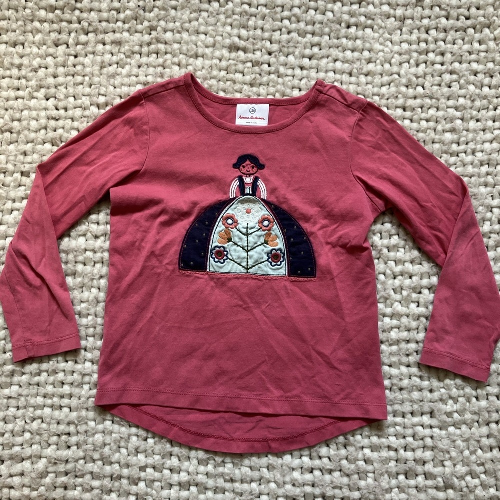 Hanna Andersson Girls Folk Doll Tee Pink Embroidered Long Sleeve 110 Size 5